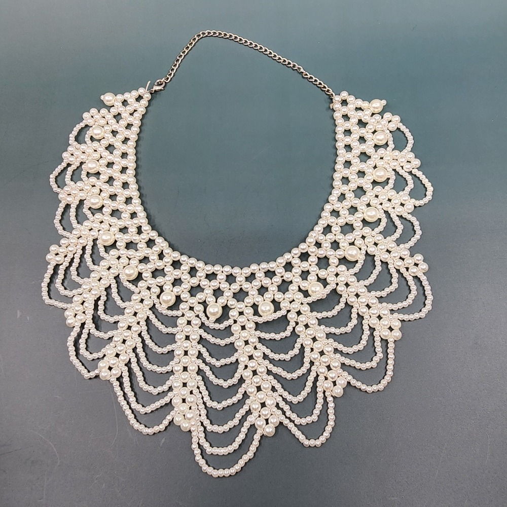 Faux Pearl Bib Necklace Ivory Multi Strand Draped Statement Bridal Glam Collar